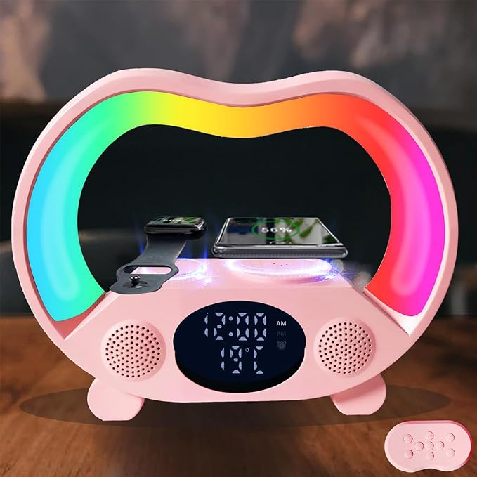 IHAO 6in1 Wireless Charging Station with Bluetooth Speaker Time&Temperature Display Alarm Clock 7-Color LED Night Lights Fast Charger for Phone, Apple Watch, Earbuds Remote Control Auto Shutoff-White