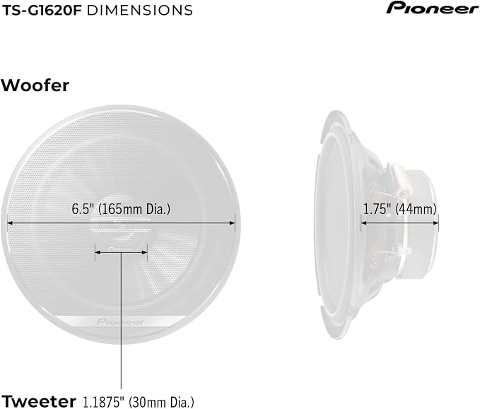 Pioneer G-Series TS-G1620F 6.5” 2-Way Speakers (Pair) – 300W Max, Balanced Sound + Smooth Treble, Great Stock Replacement, High-Efficiency Speaker Designed for OEM Power