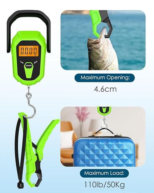 Fish Scale with Lip Gripper, Waterproof Digital Fish Scale, 110lb/50kg Hanging Fish Weight Scale, Portable Luggage Scale with Tape Measure, LCD Backlit, Batteries, for Home Fishing, Green