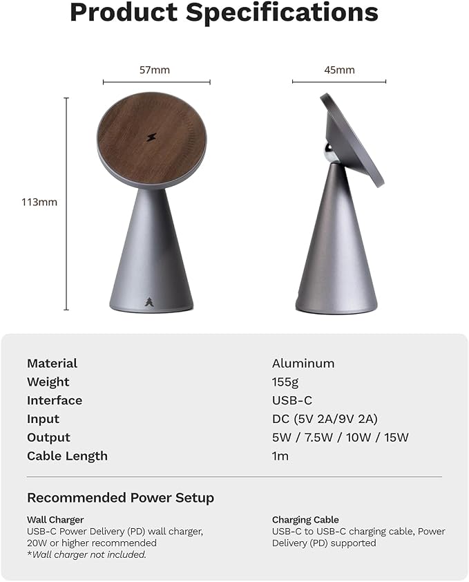 Black Walnut Wood and Aluminum Wireless Charger | Magnetic Charging Stand for iPhone, Compatible with MagSafe