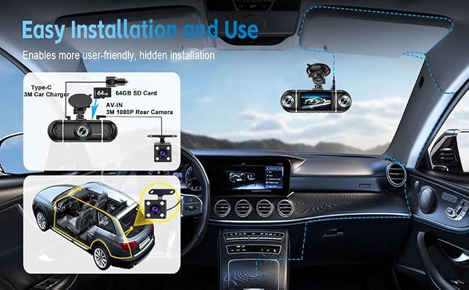 4 Channel Dash Cam Front and Rear Inside, 360° View 1080P Dash Camera for Cars, Super Night Vision, Gravity Sensor, Loop Recording, WDR, 24H Parking Mode, WiFi & APP Control, with 64GB Card
