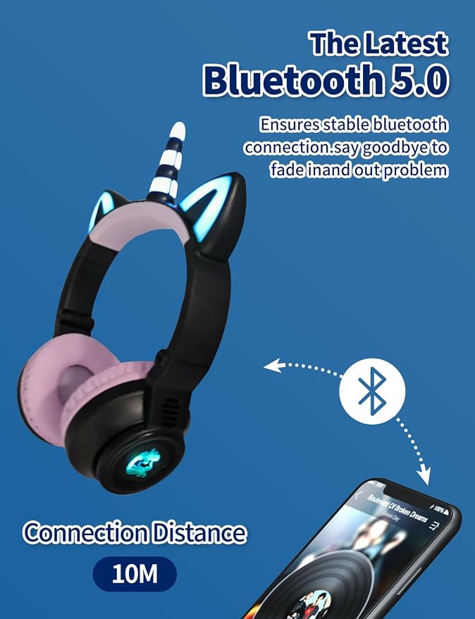 Unicorn Headphones for Girls,Bluetooth Unicorn Headphones Toddler School Laptop Cellphones Plane use, Light Up Wireless Kid Headphone Birthday Gifts (Black)