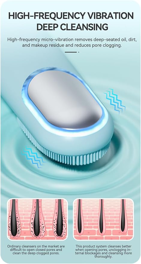 Silicone Facial Cleansing Brush with Heating & Vibration – Rechargeable Face Cleansing Device with Soft Silicone Bristles for Daily Skincare Routine