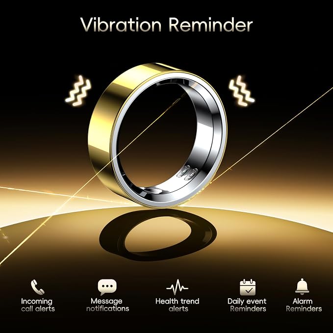 RQZ Smart Ring Fitness Tracker for Men Women, Sleep & Heart Rate Monitor, Step Counter with Vibration Alert, 5 ATM Waterproof, Compatible with iOS & Android Gold Size 9