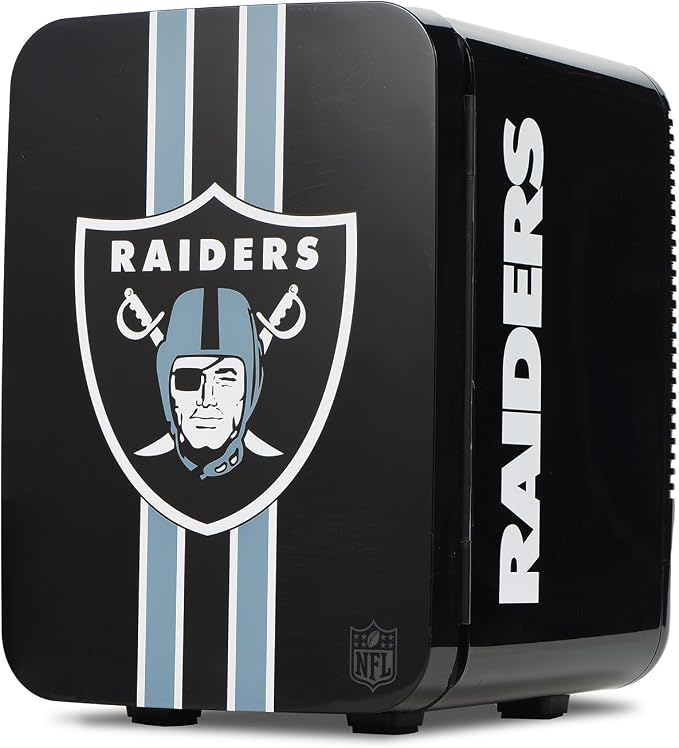 Ukonic NFL Las Vegas Raiders 15-Can Mini Fridge 10L AC/DC Powered, Official Team Colors & Logo, Portable Cooler for Tailgates, Home, Office, or Car