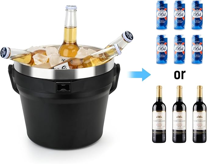 Luxfuel Double-Wall Vacuum Insulated Ice Bucket with Lid, Scoop & Tongs, 256 oz Capacity Stainless Steel Beverage Bucket for Champagne, Cocktails, Wine, Beer, and Large Party - Carbon