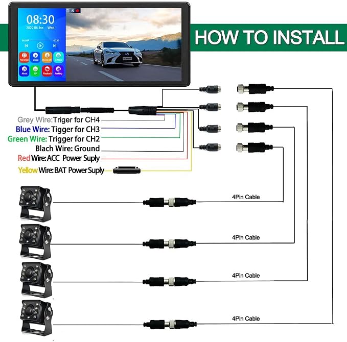 EVERSECU 4K Car Backup Cameras System with 10.1" Touch Screen Quad Display Monitor & 4pcs 1080P Backup AHD Cameras, MP5 Player, Vehicle DVR Recorder for RV/Truck/Bus/Trailer/Camper/Van