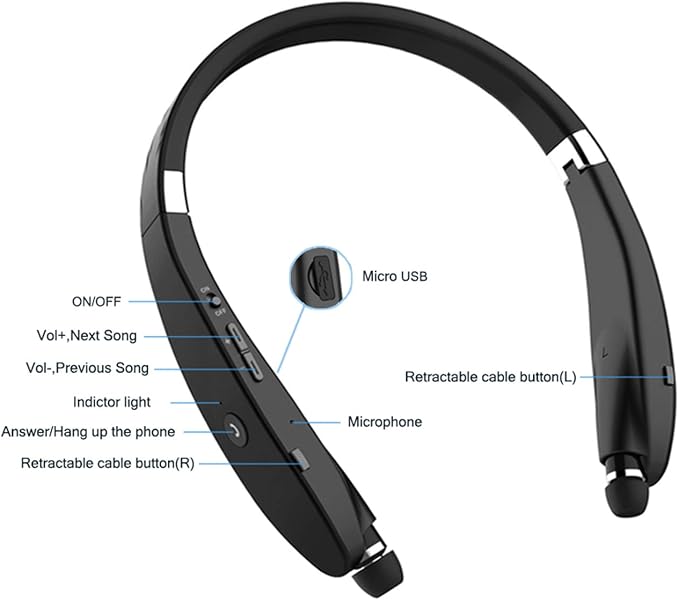 Foldable Bluetooth Headset, Beartwo Lightweight Retractable Bluetooth Headphones for Sports&Exercise, Noise Cancelling Stereo Neckband Wireless Headset (with carry case)