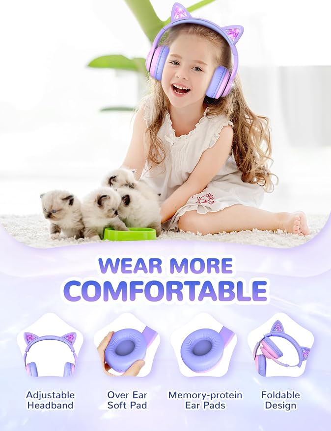 iClever Cat Ear Kids Bluetooth Headphones, LED Lights Up, 74/85dBA Volume Limited, 50H Playtime,Bluetooth 5.2, USB C, Kids Headphones Wireless for Travel iPad Tablet, Meow Macaron-Gradient Pink
