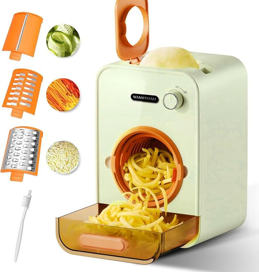Electric Cheese Grater with 3 Set Blades, Automatic Efficient Slicer & Grater & Shredder for Carrot, Potato, Cabbage & More Vegetables/Salad/Cheese, 4" Large Feed Tube, Built-in Blade Storage Box