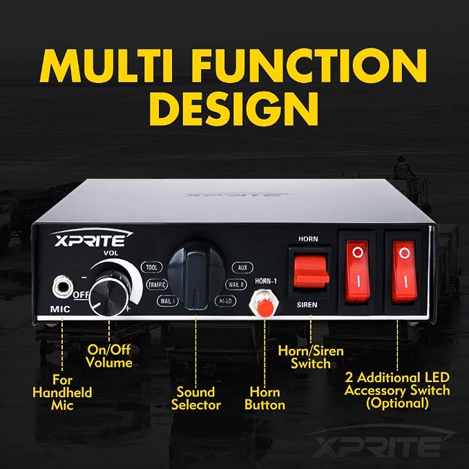 Xprite 200 Watt 8 Tones Emergency Warning Siren PA System Kit w/Handheld Microphone & Light Control Switches (Speaker Not Included)