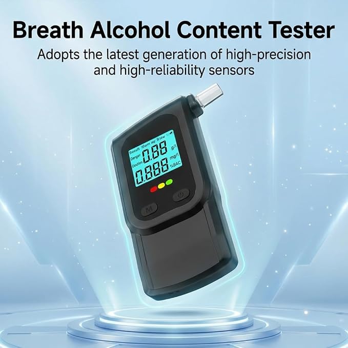 Breathalyzer Alcohol Tester with LCD Digital Display, Portable BAC Breathalyzer, Accurate Personal Alcohol Tester for Home and Driving Safety, Includes 25 Mouthpieces, Compact Design (Black)