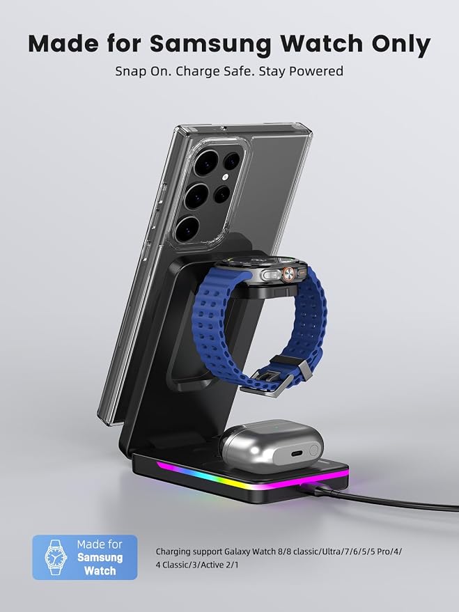 Magnetic Wireless Charger for Samsung Galaxy S26 Ultra, 3 in 1 Wireless Charging Station for Samsung Watch 8, Travel Foldable Charger Stand for Android S25 Ultra/Z Fold/Z Flip 7, Buds 4 Pro