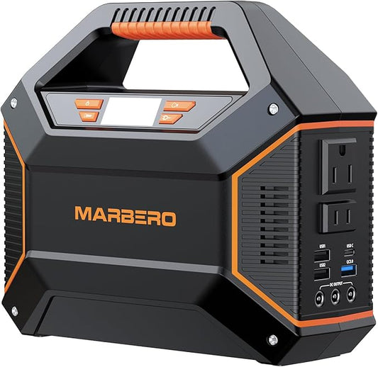 MARBERO Portable Power Station 155Wh Portable Charger 100W Power Station with 6 Outputs 2x 110V AC Outlet LED Flashlight for Home Blackout, Camping, RV Travel, Ultra-Light & Silent Fan UL Certified