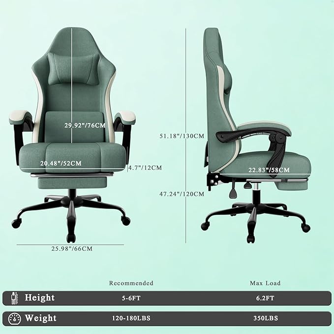 Gaming Chair, High Back Fabric Computer Chair with Pocketed Spring Cushion and Footrest, Height Adjustable Game Chair with Headrest and Lumbar Support (Beige & Blue)