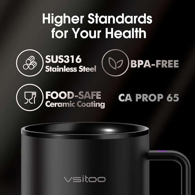 Vsitoo S3 12oz Heated Espresso Mug, Smart Self Heating Coffee Mug for Espresso Lovers, AI Auto-Sensing Temperature Control 120-150℉, Rechargeable Mug Warmer, 316 SS IPX7, Gift for Women Men, Black
