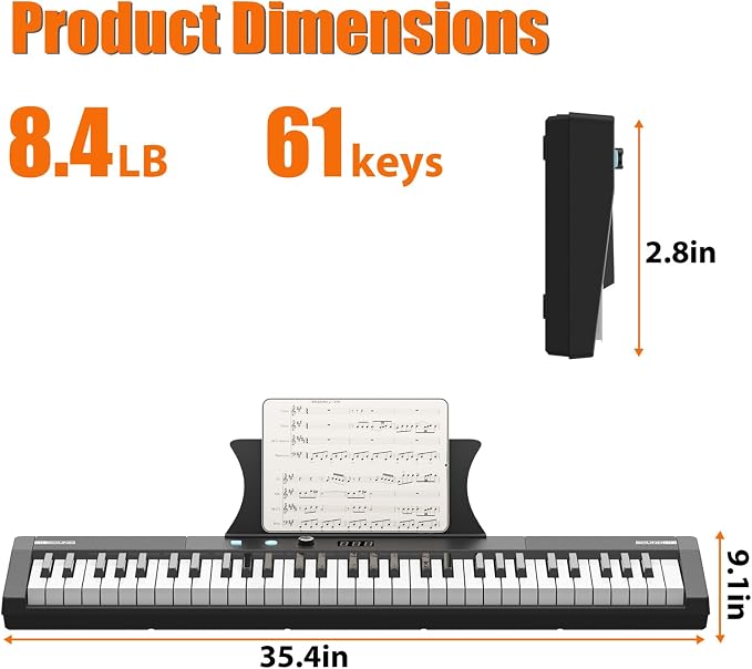 61 Key Portable Electronic Keyboard Piano with Holder,Pedal,Recharge,Note Stickers， for Beginners