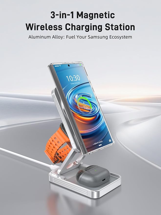 Magnetic Wireless Charger for Samsung, Aluminum Alloy 3 in 1 Charging Station for Samsung Galaxy S26 Ultra/Z Fold7/Flip7/Buds4, Qi2 Foldable Travel Watch Charger for Galaxy Watch 8/Ultra/7