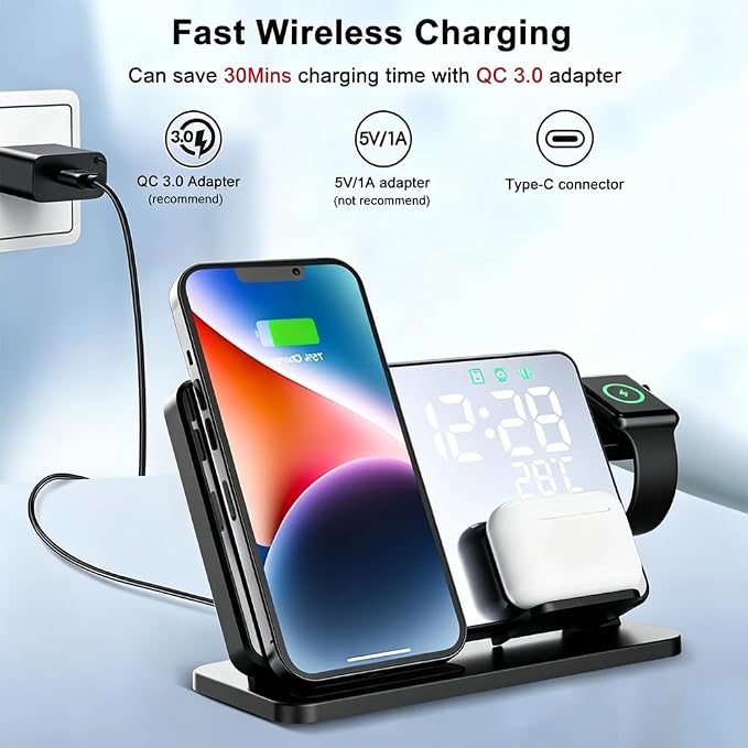 IHAO 4in1 Multifunctional Alarm Clock with Magnetic Wireless Charging15W Fast Charge for Qi Phone, Earbuds, iWatch LED Display as Mirror Show Temperature, USB Port, Smart Bedside Organizer-W669 Black