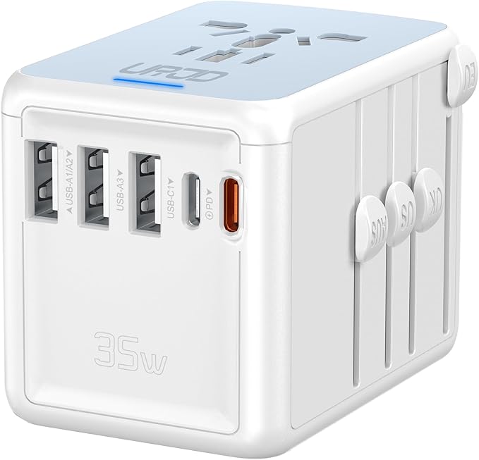 Universal Travel Adapter, 35W PD Fast Charging & 2 USB C 3 USB A & 2500W AC Outlet, International Power Adapter for Europe UK US AU 200+ Countries, Compatible with iPhone 16 15, MacBook, Laptop