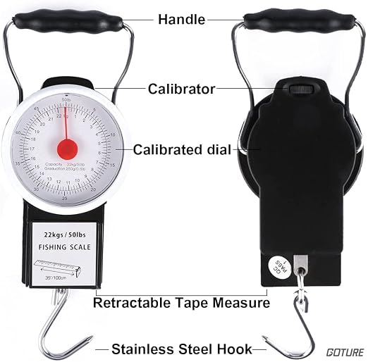 Goture Fishing Hanging Scale Mechanical Kitchen and Fish Fishing Scale Multi-Purpose Portable Hand Held Dial Weight Scale with Tape Measure (50 Lbs / 22Kg)