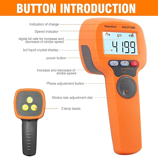 Digital Handheld Stroboscope, Digital Stroboscope 60-49999 FPM Non Contact Strobe Tachometer High Accuracy 0.001% Rechargeable LED Flash Strobe Tachometer for HVAC Motor Printing Spinning-DT50D