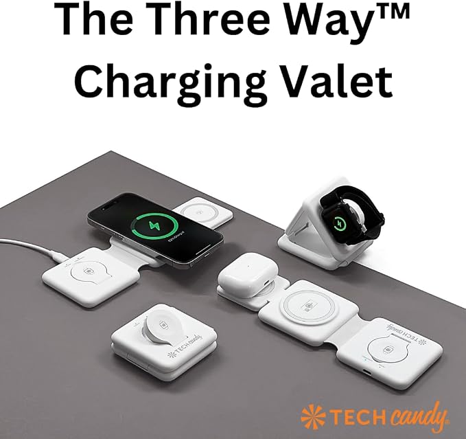 Tech Candy The Three Way Charging Valet Wireless Charging Pad - Charge 3 Devices at Once, Compact, Qi Charger for Travel, Foldable, 20W, Fast, for Phones, Ear Buds, Smart Watches