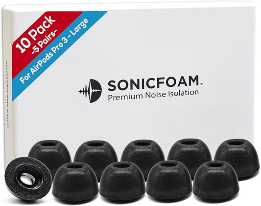 SONICFOAM (SFAir-3-Pro Large Black) Memory Foam Earbud Tips - Compatible with AirPods Pro 3 - (10 Pack / 5 Pairs)
