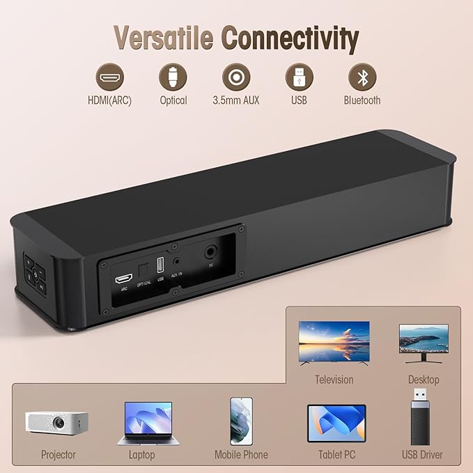 BESTISAN 2.1ch Sound Bar with Built-in Subwoofer, 100W Peak Power, HDMI ARC/Opt/AUX/USB/Bluetooth 5.3, 3 EQ Modes & Volume Boost, 16.5" All-in-One for TV/PC/Gaming/Projector