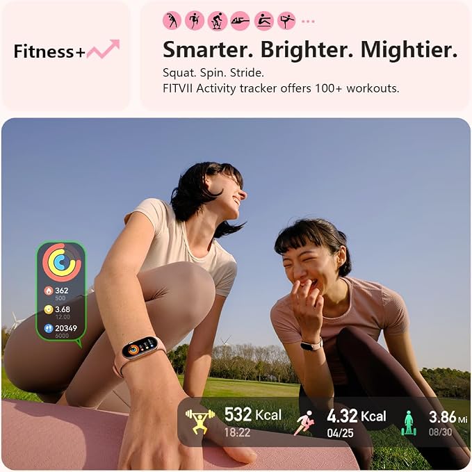 FITVII Slim Fitness Tracker AMOLED with Blood Oxygen, Blood Pressure, 24/7 Heart Rate and Sleep Tracking, IP68 Waterproof Activity Trackers and Smart Watches with Step Tracker, Pedometer for Women Men