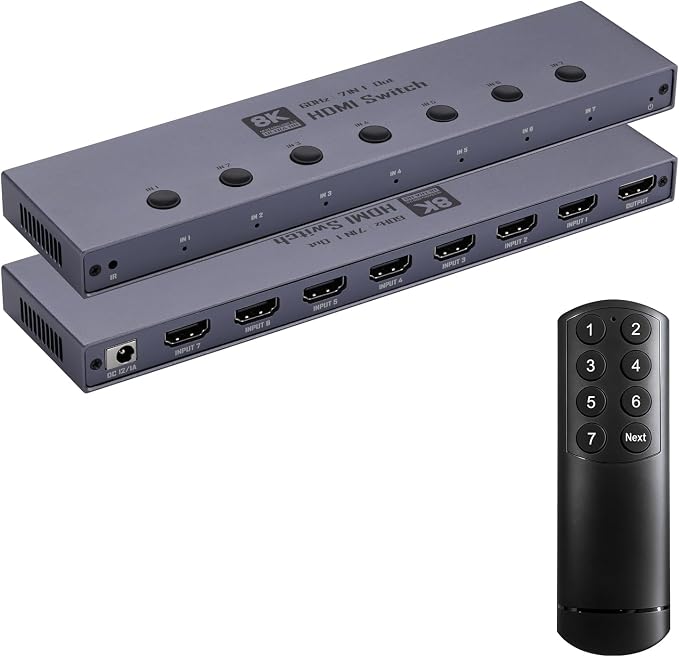 2026 Upgrade 8K HDMI 2.1 Switch, HDMI 2.1 Switcher 7 In 1 Out Supports CEC 8K@60Hz, 4K@240Hz, 1080P@480Hz HDCP 2.3 HDR Dolby Atmos VRR Compatible with PS5 Xbox Blu-Ray Player with IR remote controller