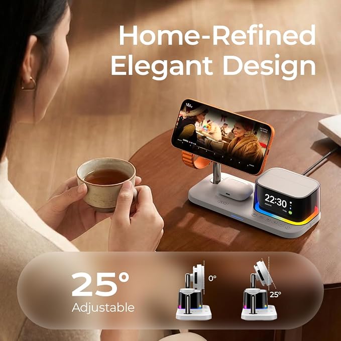 QI2.2 Charging Station for Apple Device【 25W Fast Charging+Cooling Fan】 5in1 Magnetic Wireless Charger with Speaker and Alarm Compatible with MagSafe for iPhone/Watch/AirPod (45W Adapters Included)