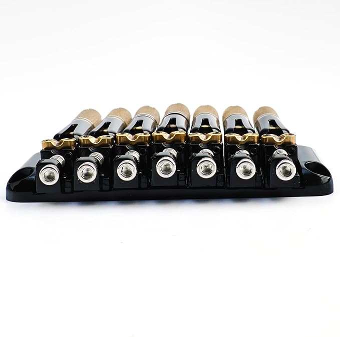 Headless 7-String Guitar Bridge 10.5mm Fixed Bridge -Brass Saddles Zinc Alloy Plate, Stable Intonation，Easy Installation/Adjustment, Fits Most 7-String Headless Guitars （Gold Tailpiece Nut）
