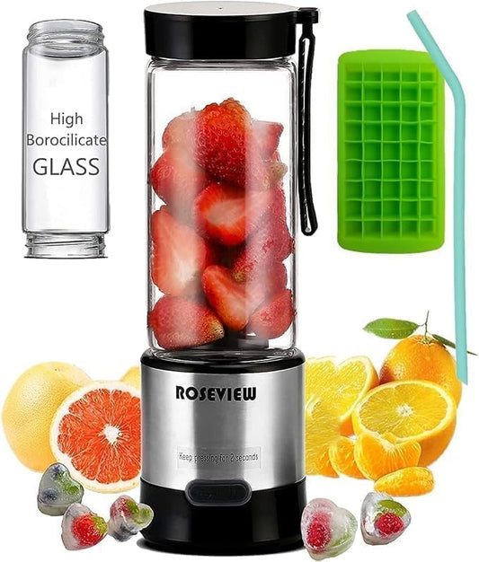 Portable Smoothie blender ROSEVIEW Glass bottle USB rechargeable mini Handheld Ice Shakes Cup 2 blend juicer Cordless Personal smoothies maker Fruit mixer (Steel) (Egg Shell)