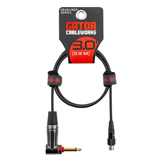 Cableworks by Gator Cases Headliner Series 3-Foot Right Angle 1/4" with Quiet Switch to TA4F Instrument Cable for Wireless Bodypack Transmitter, (GCWH-TA4F-3RAQT)
