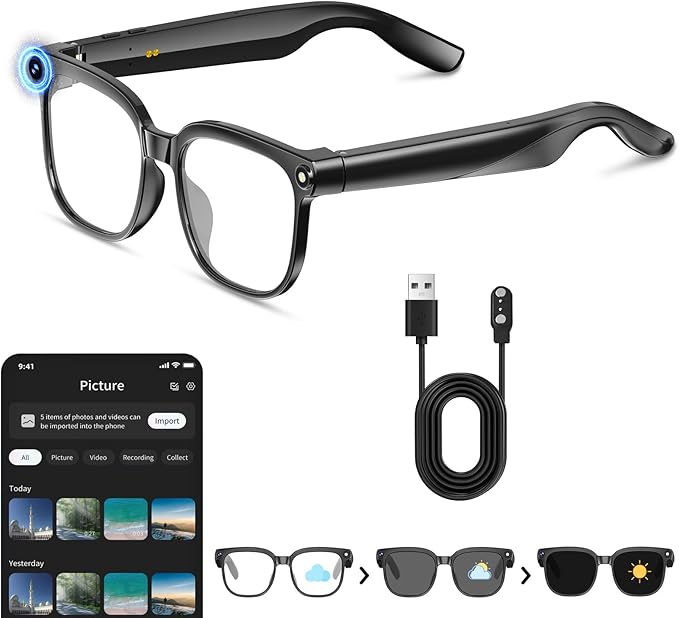 Smart Glasses with Camera, 4K HD Anti-Shake, 8MP Camera Glasses, Real Time Translation, AI Voice Assistant, Object Recognition, Smart Glasses for Women, for Travel/Meetings/Vlog（Photochromic）