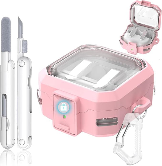 with Safety Lock for Samsung Galaxy Buds 4 Pro Case, Galaxy Buds 4 Case Cover, Clear Cyber Cases with Keychain & Cleaning Kit, Military Grade Armor Shockproof Full Body Protective Hard Shell (Pink)