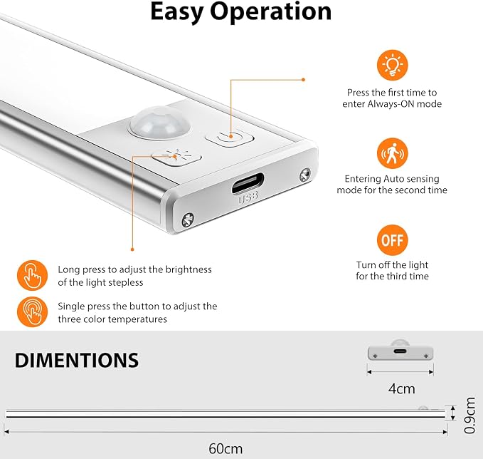 60cm Ultra Thin Under Cabinet Lights, 106 LED 5000mAh Motion Sensor Lights Indoor, 3 Color Stepless Dimming Rechargeable LED Lights for Cupboard, Kitchen