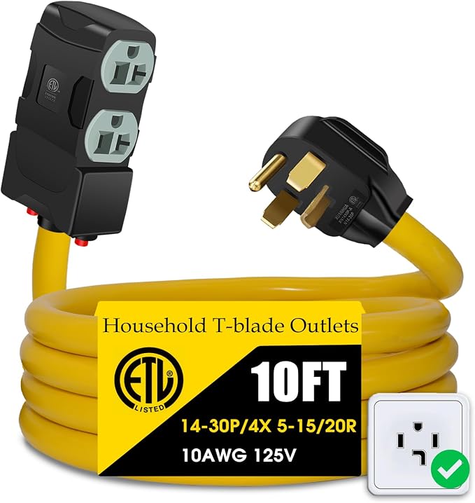 30Amp to 20Amp 110V Adapter, Compatible with NEMA 14-30P to 4X 5-20R/15R with 20 Amp Circuit Breaker, 240V to 120V Dryer Power Distribution Adapter (10 FT)
