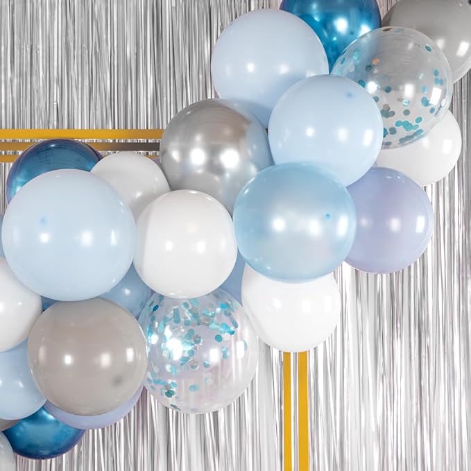 Restaurantware-Balloonify Balloon Garland Set, 1 Party Decoration Kit - 125 Balloons, With Chain, Confetti Blue & Gray Latex Balloon Arch Kit, Includes Glue Dots, Ribbon & Knot