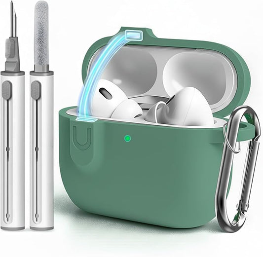 for AirPods 4 Case Cover with Cleaner Kit, Soft Silicone Cover for AirPods 4 Comes with Magnetic Lid Lock & Keychain-Solid for Women/Men,Pine Green