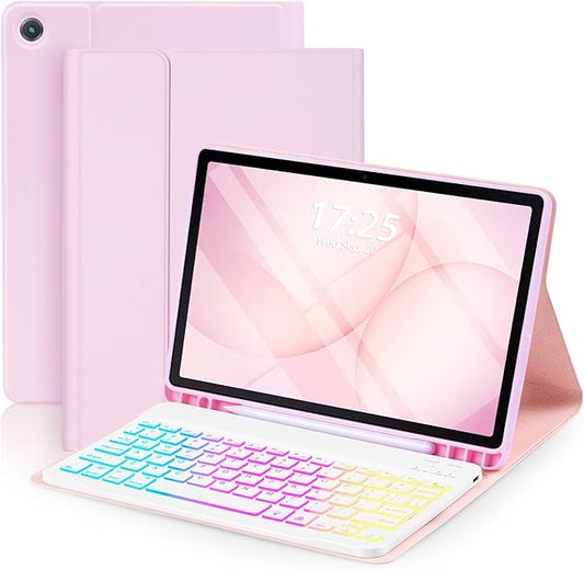 EAMPANG Case with Keyboard for Samsung Galaxy Tab A9 Plus 11 inch (SM-X210/X215/X216/X218),7 Color Rainbow Backlight Detachable USB-C Keypad Magnetic Case with Pen Slot for Tablet A9+ 5G Light Pink