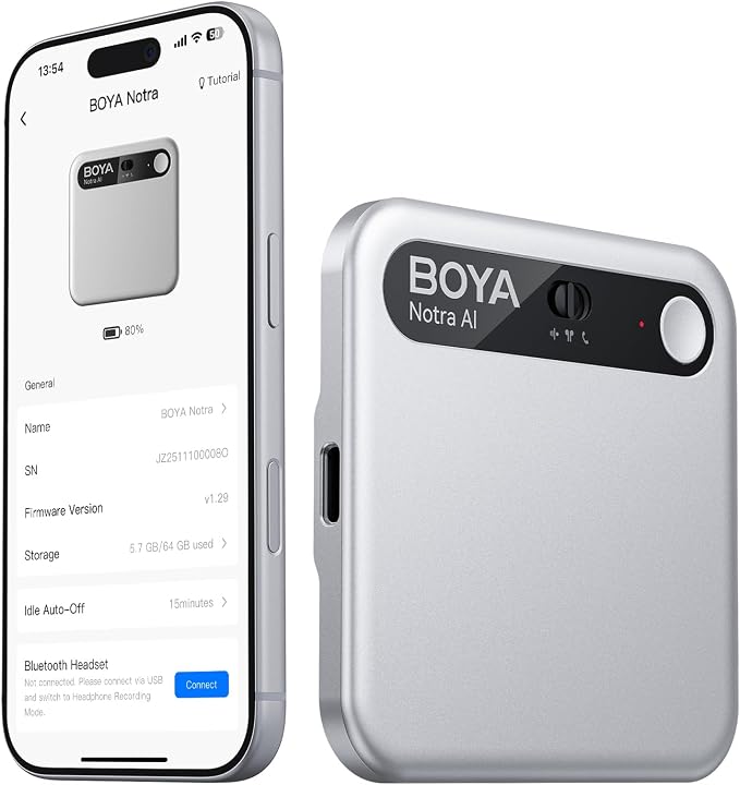 BOYA Notra AI Voice Recorder, Smart Transcription & Summary, App Control, 64GB Storage, Secure Cloud Sync, Supports 140+ Languages, MagSafe-Compatible, Ai Note Taker for Meetings & Interviews, Silver