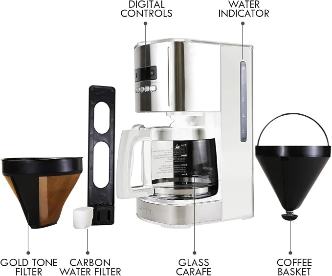 Kenmore drip Coffee Maker - 12 Cup programmable cafe machine with glass pot, regular & bold brew, auto shut off large water reservoir, reusable filter, kitchen appliances for cafeteria barista, White