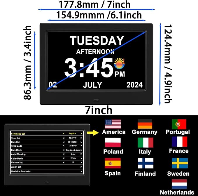(No Power Adapter Alarm Clock with Day and Date for Elderly 7inch Digital Calendar Clock Photo Frame- Auto Dimmable Display 15 Alarm Options, Clock with Non-Abbreviated Day & Month