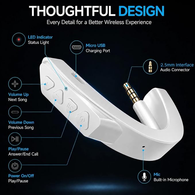 Upgraded aptX Wireless Bluetooth Adapter for Bose QuietComfort QC 25 with Mic/Volume Control, White