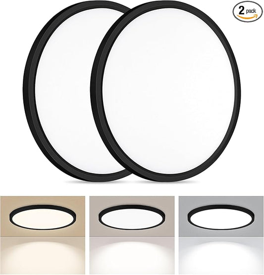 2 Pack LED Flush Mount Ceiling Light, 24W Ultra Thin Round White Lamp 3000K/4000K/6500K 3 Color Temperatures Adjusted 12 Inch Modern Ceiling Lights, Black, Wired
