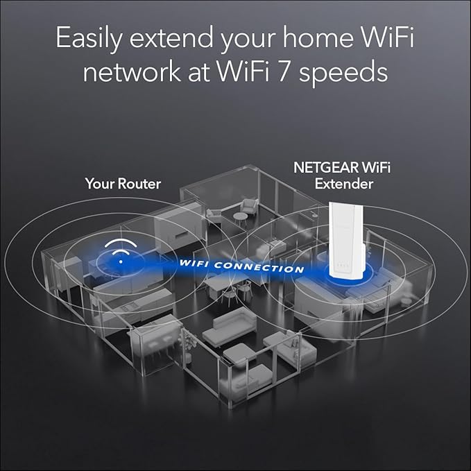 NETGEAR WiFi 7 Range Extender (EXS27) – Add up to 1,500 sq. ft. and 45 Devices with BE5000 Dual-Band Wireless Signal Booster & Repeater (up to 5 Gbps Speed), WPA3 Security, Smart Roaming