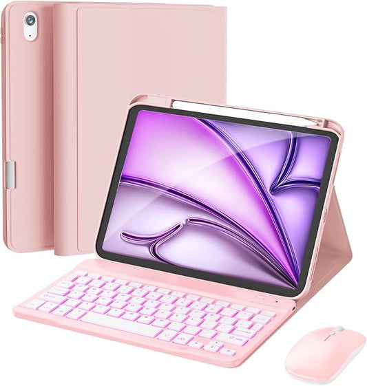 RAYMCRAFT for iPad Air 11-inch Case with Keyboard M4/M3/M2 (2026/2025/2024), Mouse and Detachable Wireless Keyboard Combo for iPad Air 5th/4th 10.9-inch, 7-Color Backlight with Pencil Holder, Pink