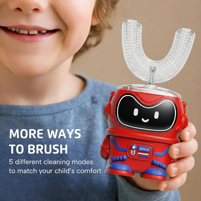 Well Before Kids U Shaped Electric Toothbrush with 5 Brush Heads, Ultrasonic, 5 Modes, IPX7 Waterproof Design (Spaceman, Red, Ages 2-7)